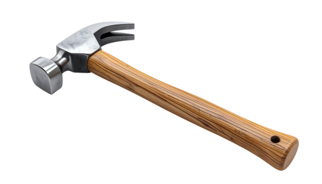 Metal and brown wood hammer tool has transparent background for construction and industry use.