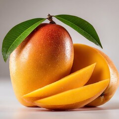 Fresh mango with slices and leaves