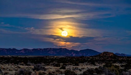 Full moon over a mountain range at twilight