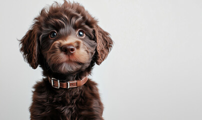 adorable brown puppy with fluffy fur and expressive eyes on neutral background, for template design
