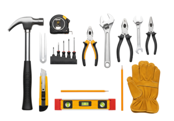 Assortment of hand tools and work glove