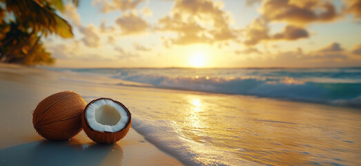 Coconuts on beach at sunset with waves crashing in background, for template design