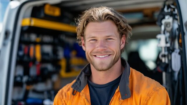 A confident man in an orange work jacket stands before an organized van, tools neatly arranged, illuminated by sunlight.