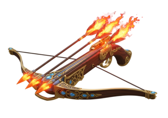 Ornate crossbow with fiery arrows, presented against a stark black backdrop.