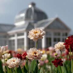 Vibrant flowers bloom in front of greenhouse.