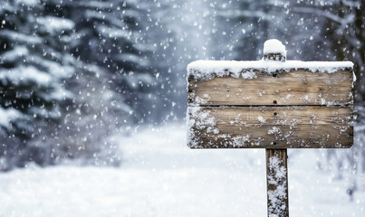 Fototapeta premium Snow-covered wooden sign in winter landscape with falling snowflakes, close up detail