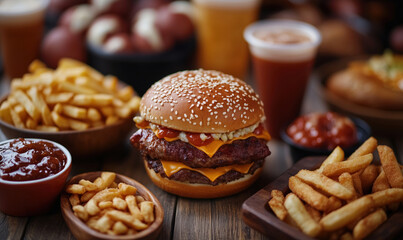 Delicious cheeseburger with fries and drinks perfect for game day or casual dining, close up detail