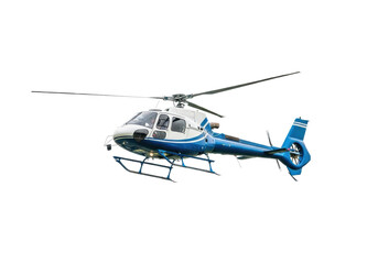 Modern white utility helicopter with blue accents in mid-flight, motion blur on main rotors, isolated on transparent background with copy space, concept of air transport efficiency