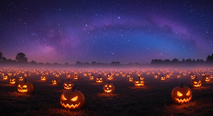 Halloween pumpkin field with glowing jack o lanterns under starry night