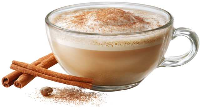 Hot cappuccino coffee cup topped with cinnamon powder, delicious creamy frothy drink served in warm cozy style on white background