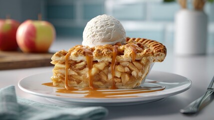 Caramel Drizzled Apple Pie Slice with Ice Cream