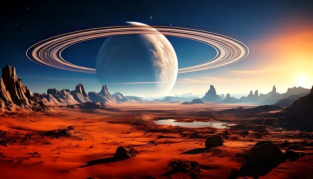 Alien landscape with a ringed planet. Vast, reddish desert