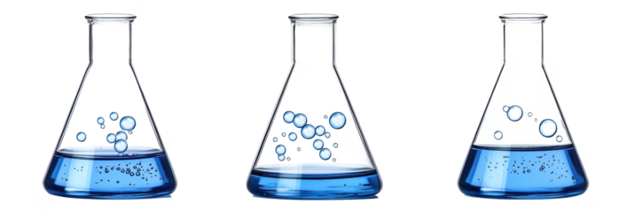 Laboratory glassware with blue liquid and bubbles in three flasks, PNG with copy space