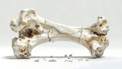 Fototapeta premium A fractured bone lies broken on a plain surface, highlighting the fragility of the skeletal structure.
