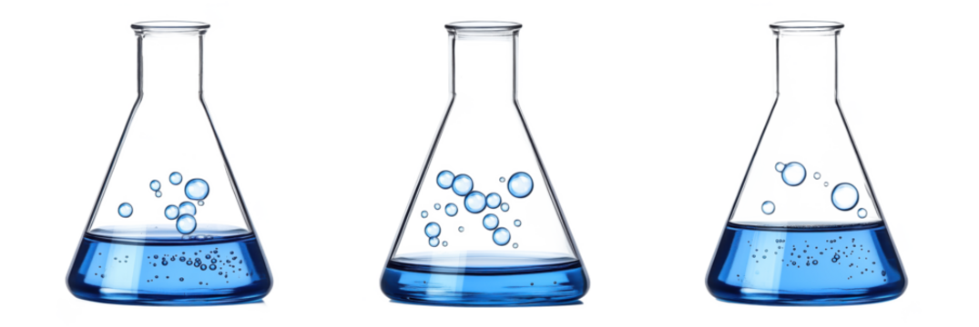 Laboratory glassware with blue liquid and bubbles in three flasks, PNG with copy space