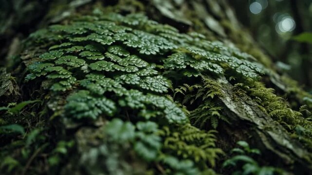 A lush carpet of vibrant green spike moss and bryophytes flourishing on the textured bark of an ancient forest tree