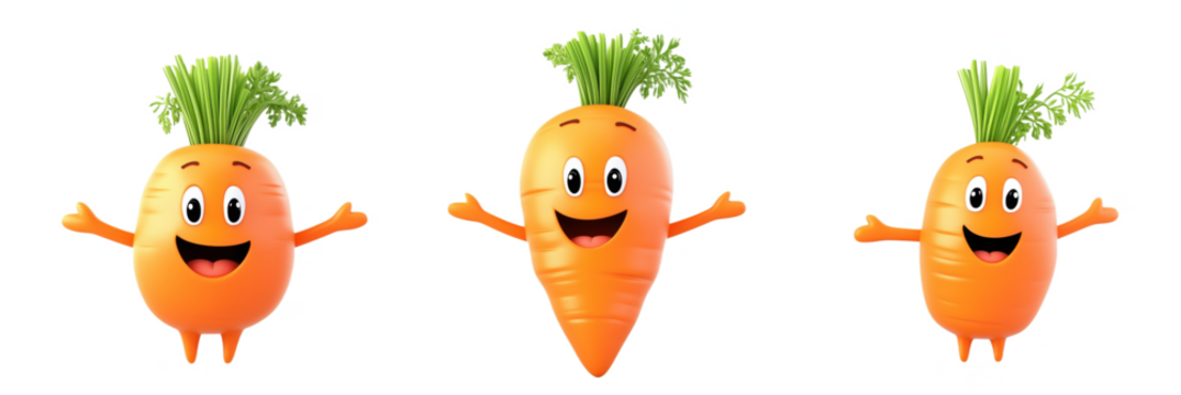 Cartoon carrots with smiling faces, vibrant orange color, green tops, cheerful expressions, playful design, detailed object - Powered by Adobe