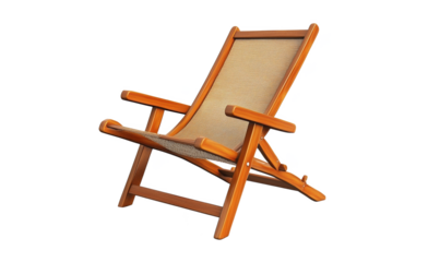 Wooden deck chair, minimalist design, natural wood finish, comfortable seating, perfect for outdoor relaxation, stylish and functional, PNG with copy space