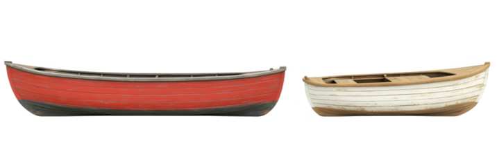 Colorful wooden boats in red and white with rustic finishes for nautical decor, isolated on transparent background