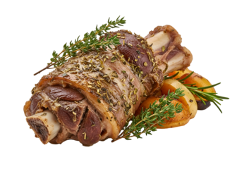 Roasted leg of lamb with herbs and vegetables, showcasing a delectable dish with rich textures and flavors.