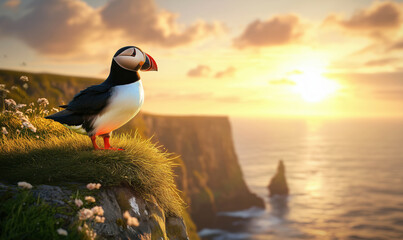 Puffin perched on cliff at sunset overlooking ocean and dramatic coastline, close up detail