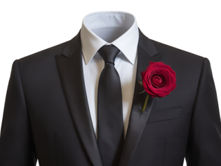 Formal black suit with red rose boutonniere isolated on transparent background