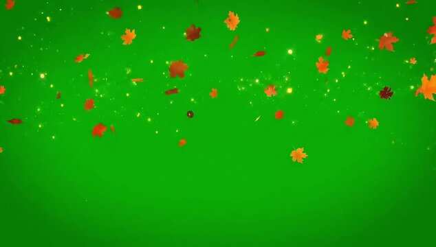 Autumn leaves gently fall against a sparkling green background, creating a festive seasonal mood.