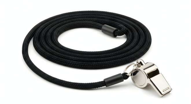 Referee Whistle: An isolated image of a referee whistle with a black lanyard, typically utilized for officiating in sporting events.