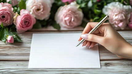 Writing hand with pen, blank paper, pink roses background, for template design