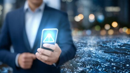 A businessman in a suit holds a smartphone displaying a warning icon, set against a futuristic backdrop of glowing circuits and data streams. - Powered by Adobe
