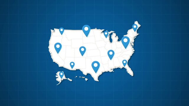 Map of the United State with Location Pin Point Animation 4K animation