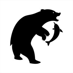 Black silhouette of a bear catching a fish isolated on transparent background