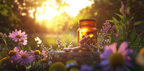 Vibrant sunset illuminating jar of vitamins surrounded by wildflowers in serene nature, clean background photo