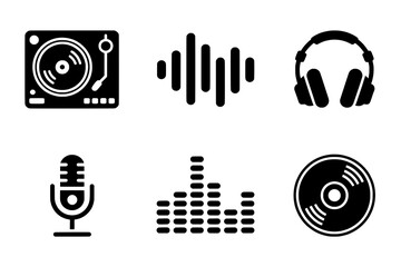 Six Black Solid Icons: Turntable, Sound Waves, Headphones, Microphone, Equalizer, and CD