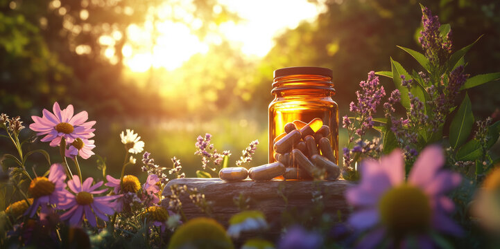 Vibrant sunset illuminating jar of vitamins surrounded by wildflowers in serene nature, clean background photo