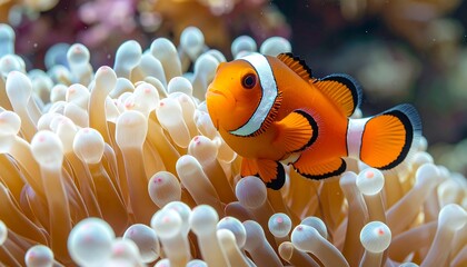 Close-up of an orange and white clownfish nestled amongst the tentacles of a vibrant sea anemone, showcasing intricate details and warm colors.