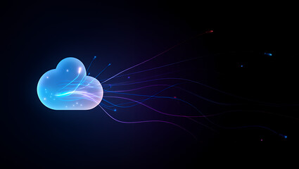 A glowing blue cloud icon with ethereal light trails emanating from it against a dark background.