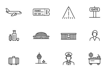 Fototapeta premium Twelve Airport Travel Icons: Airplane, Ticket, Runway, Gate, Luggage, Airport Building, Terminal, Staff, Suitcase, Control Tower, Pilot, Baggage Cart - Black Outline Style