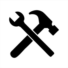 Black silhouette of a crossed hammer and wrench isolated on transparent background