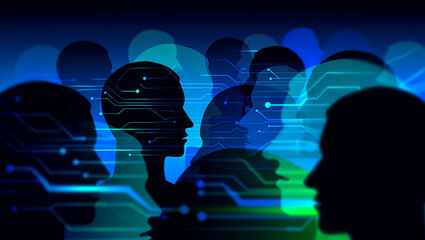 Abstract digital silhouettes of human heads with circuit patterns, symbolizing artificial intelligence and data processing in a technological context.