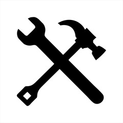 Black silhouette of a wrench and hammer crossed isolated on transparent background