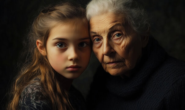 Portrait of a young girl and elderly woman showcasing generational connection and emotion, detailed image