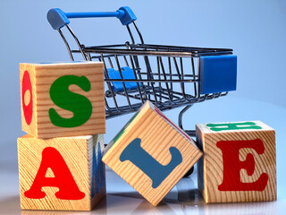 A shopping cart is filled with wooden blocks that spell out the word "sale".