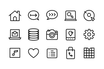 15 Minimalist Black Outline Icons: Home, Chat, Search, Data, Camera, Settings, Music, Heart, List, Shopping Bag, Grid; UI Elements