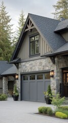Elegant Stone House With Modern Design Set Against a Forest Backdrop in the Late Afternoon Light