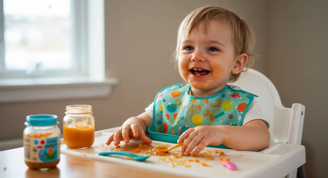 Happy toddler enjoying food in high chair at home during daytime