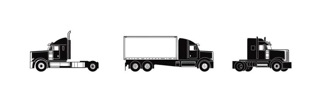 Trucks silhouettes, three distinct types, showcasing different designs and configurations, including cab-over and conventional styles, for design template