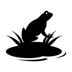 Black silhouette of a frog sitting on a lily pad with grass isolated on transparent background