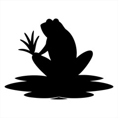 Black silhouette of a frog sitting on lily pads isolated on transparent background