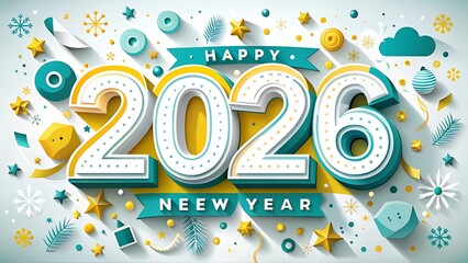 Fototapeta premium Happy new year 2026 greeting card with festive decoration isolated on white background